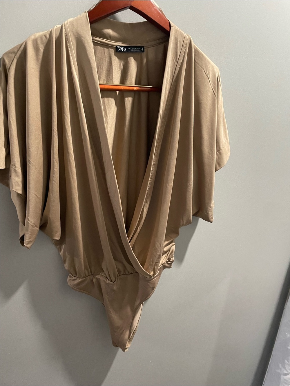 Zara Neutral Beige Draped V-Neck Bodysuit